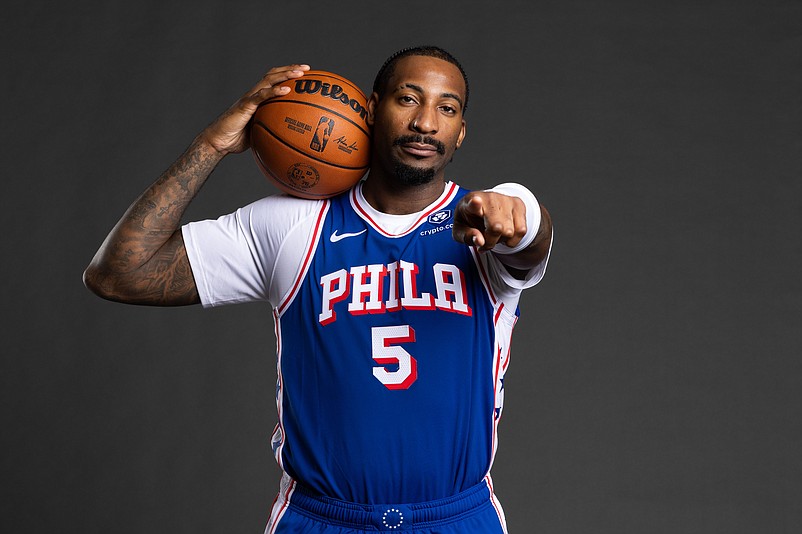 Sep 30, 2024; Camden, NJ, USA; Philadelphia 76ers center Andre Drummond (5) poses for a photo on media day at the Philadelphia 76ers Training Complex. Mandatory Credit: Bill Streicher-Imagn Images