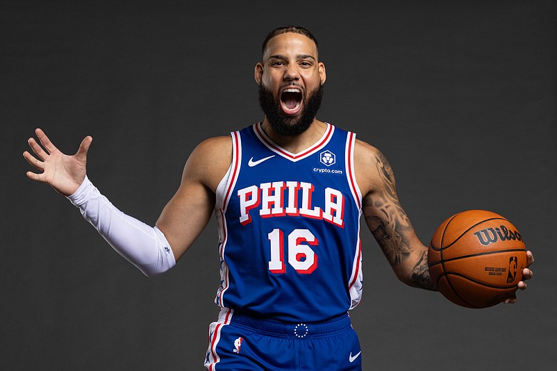 Sep 30, 2024; Camden, NJ, USA; Philadelphia 76ers Caleb Martin (16) poses for a photo on media day at the Philadelphia 76ers Training Complex. Mandatory Credit: Bill Streicher-Imagn Images