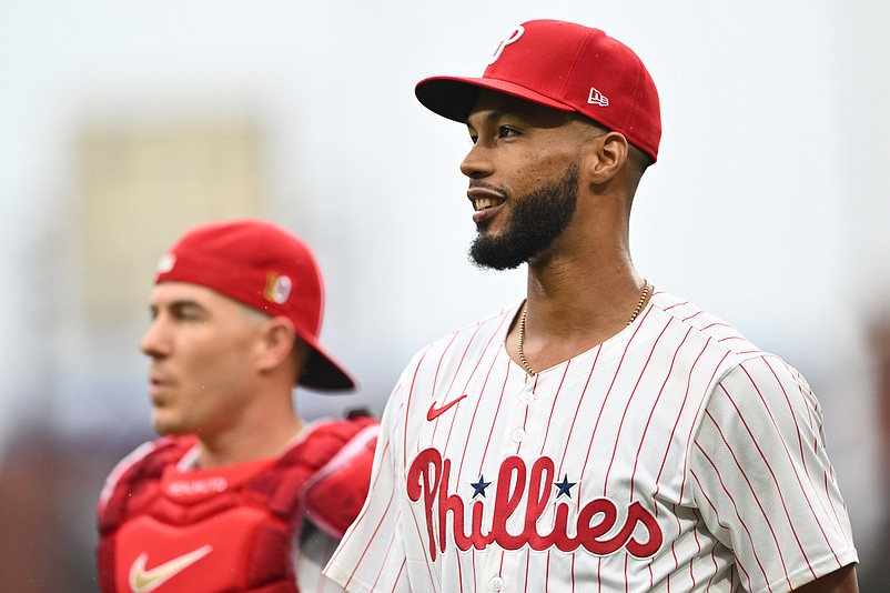 Aug 17, 2024; Philadelphia, Pennsylvania, USA; Philadelphia Phillies starting pitcher Cristopher Sanchez (61) enters the field before the game against the Washington Nationals at Citizens Bank Park. Mandatory Credit: Kyle Ross-USA TODAY Sports