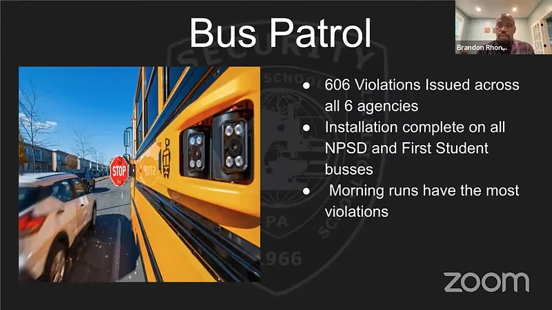 North Penn’s Coordinator of Safe Schools Brandon Rhone discusses the district’s “Bus Patrol” camera system during the safe schools committee meeting on Monday, Sept. 30 2024. (Screenshot of NPTV video)