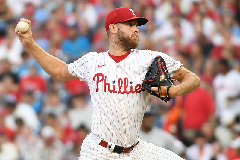 Aug 26, 2024; Philadelphia, Pennsylvania, USA; Philadelphia Phillies pitcher Zack Wheeler (45) throws a pitch during the second inning against the Houston Astros at Citizens Bank Park. Mandatory Credit: Eric Hartline-USA TODAY Sports