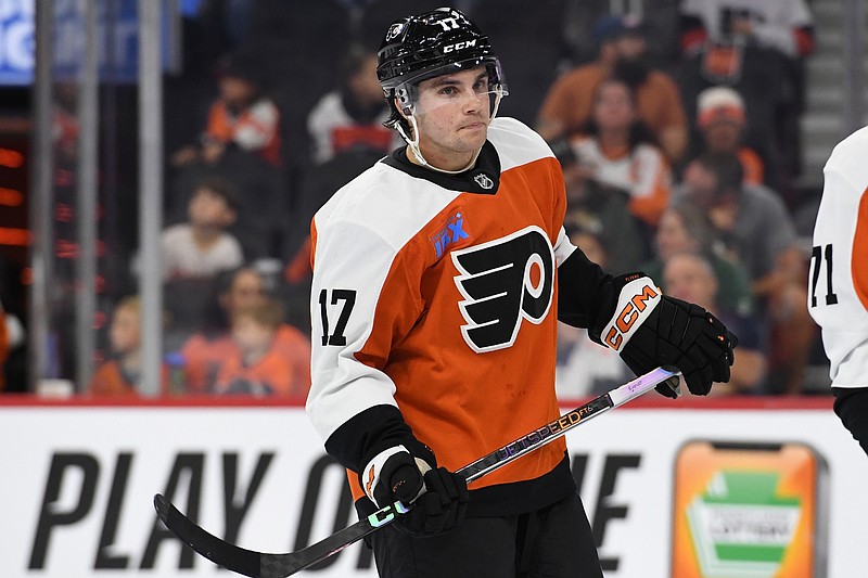 Sep 26, 2024; Philadelphia, Pennsylvania, USA; Philadelphia Flyers center Jett Luchanko (17) during the second period against the New York Islanders at Wells Fargo Center. Mandatory Credit: Eric Hartline-Imagn Images