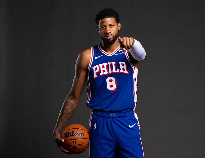 Sep 30, 2024; Camden, NJ, USA; Philadelphia 76ers forward Paul George (8) poses for a photo on media day at the Philadelphia 76ers Training Complex. Mandatory Credit: Bill Streicher-Imagn Images