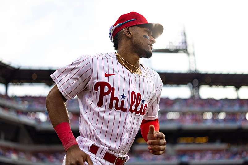 Aug 8, 2023; Philadelphia, Pennsylvania, USA; Philadelphia Phillies center fielder Johan Rojas (18) takes the field for a game against the Washington Nationals at Citizens Bank Park. Mandatory Credit: Bill Streicher-USA TODAY Sports