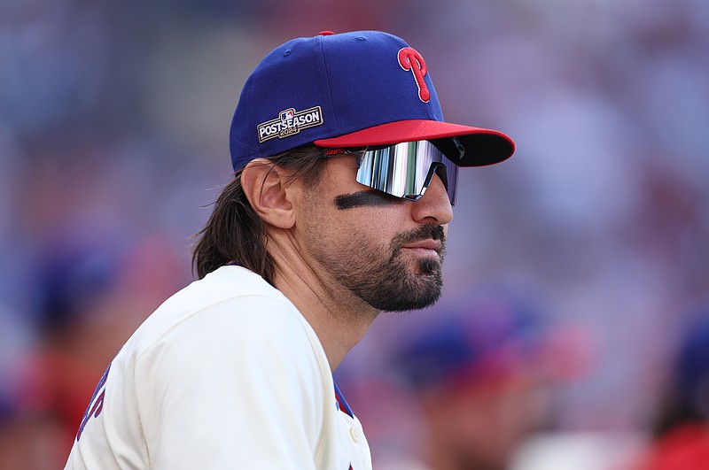 Oct 5, 2024; Philadelphia, PA, USA; Philadelphia Phillies outfielder Nick Castellanos (8) before playing against the New York Mets in game one of the NLDS for the 2024 MLB Playoffs at Citizens Bank Park. Mandatory Credit: Bill Streicher-Imagn Images