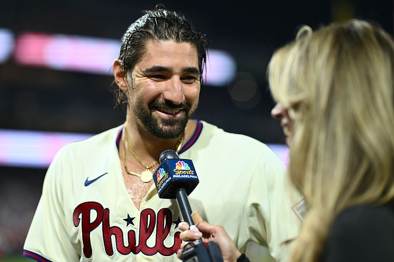 Oct 6, 2024; Philadelphia, Pennsylvania, USA; Philadelphia Phillies outfielder Nick Castellanos (8) participates in post game interviews after the game against the New York Mets uring game two of the NLDS for the 2024 MLB Playoffs at Citizens Bank Park. Mandatory Credit: Kyle Ross-Imagn Images