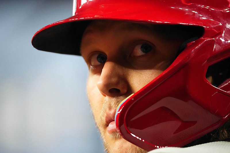 Aug 8, 2024; Phoenix, Arizona, USA; Philadelphia Phillies third base Alec Bohm (28) looks on against the Arizona Diamondbacks during the first inning at Chase Field. Mandatory Credit: Joe Camporeale-USA TODAY Sports