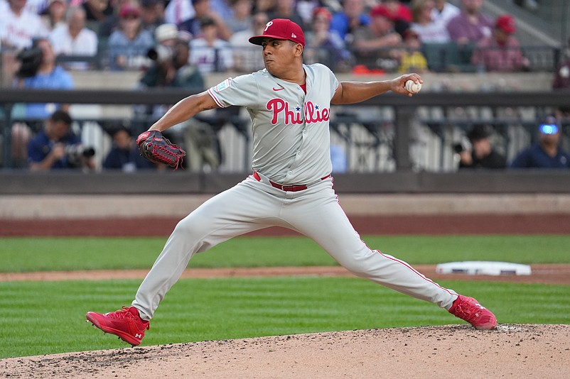 Sep 21, 2024; New York City, New York, USA; Philadelphia Phillies pitcher Ranger Suarez (55) throws during the game against the New York Mets at Citi Field. Mandatory Credit: Lucas Boland-Imagn Images