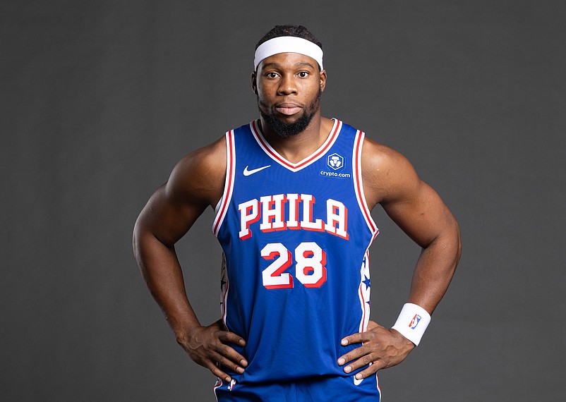 Sep 30, 2024; Camden, NJ, USA; Philadelphia 76ers forward Guerschon Yabusele (28) poses for a photo on media day at the Philadelphia 76ers Training Complex. Mandatory Credit: Bill Streicher-Imagn Images