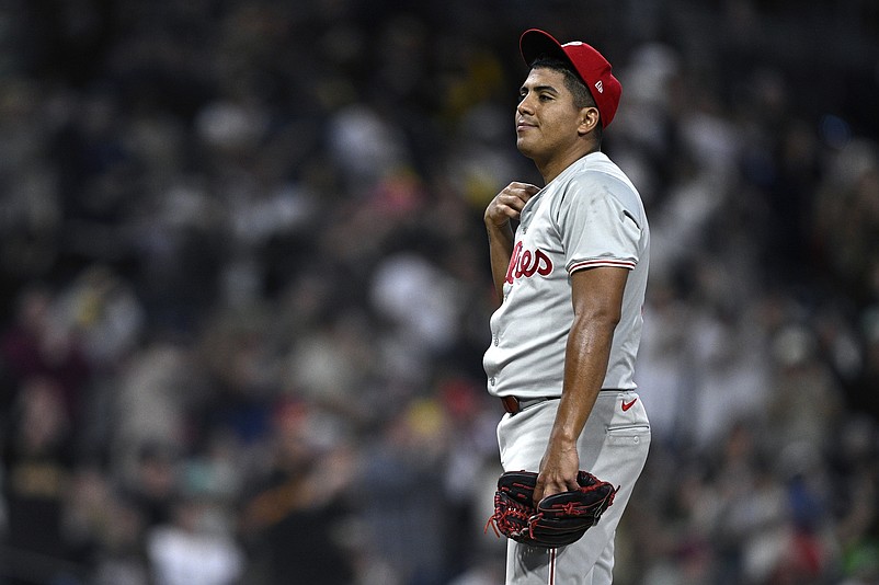 Apr 27, 2024; San Diego, California, USA; Philadelphia Phillies starting pitcher Ranger Suarez (55) reacts after a home run hit by San Diego Padres third baseman Eguy Rosario (not pictured) during the eighth inning at Petco Park. Mandatory Credit: Orlando Ramirez-USA TODAY Sports