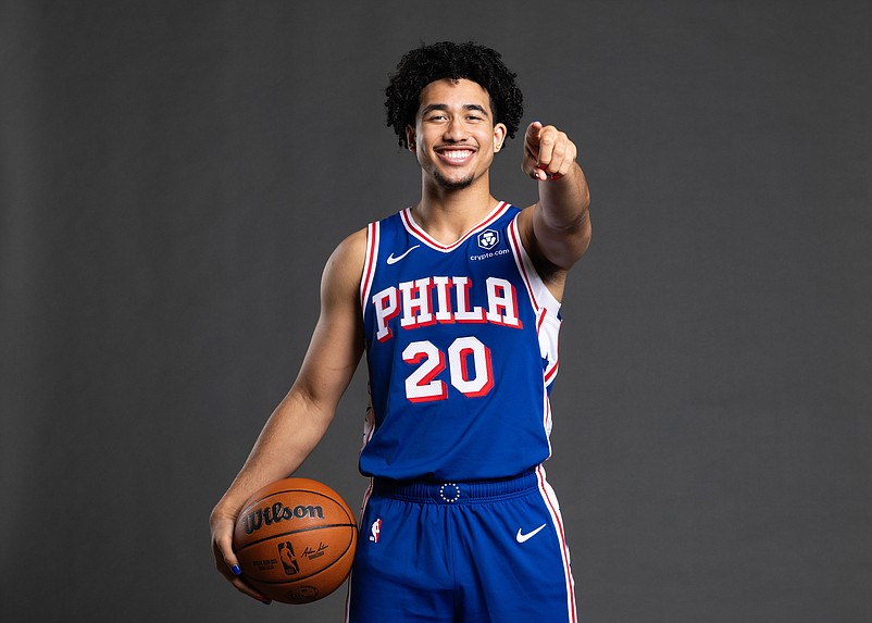 Sep 30, 2024; Camden, NJ, USA; Philadelphia 76ers guard Jared McCain (20) poses for a photo on media day at the Philadelphia 76ers Training Complex. Mandatory Credit: Bill Streicher-Imagn Images