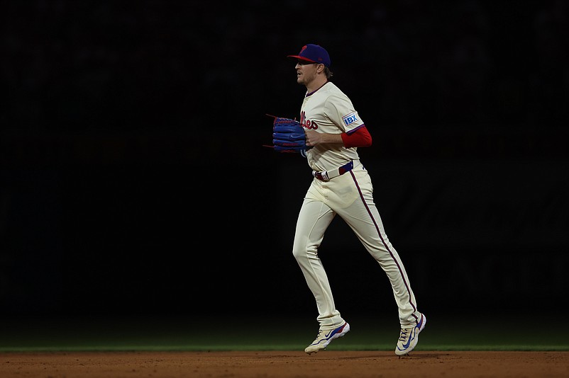 Oct 6, 2024; Philadelphia, Pennsylvania, USA; Philadelphia Phillies relief pitcher Jeff Hoffman (23) enters the game in the ninth inning against the New York Mets during game two of the NLDS for the 2024 MLB Playoffs at Citizens Bank Park. Mandatory Credit: Bill Streicher-Imagn Images