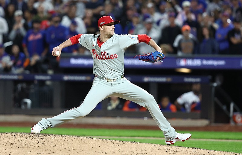 Oct 9, 2024; New York, New York, USA; Philadelphia Phillies pitcher Jeff Hoffman (23) throws a pitch in the fifth inning against the New York Mets  in game four of the NLDS for the 2024 MLB Playoffs at Citi Field. Mandatory Credit: Wendell Cruz-Imagn Images