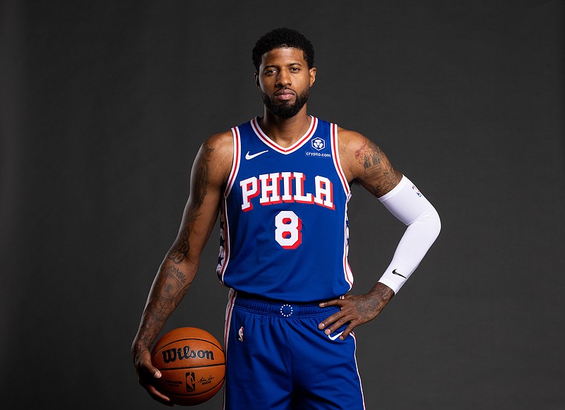 Sep 30, 2024; Camden, NJ, USA; Philadelphia 76ers forward Paul George (8) poses for a photo on media day at the Philadelphia 76ers Training Complex. Mandatory Credit: Bill Streicher-Imagn Images