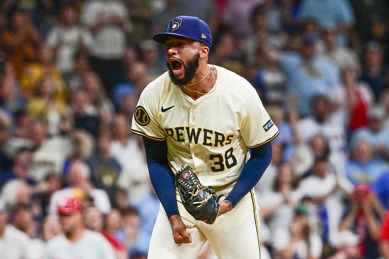 Sep 18, 2024; Milwaukee, Wisconsin, USA; Milwaukee Brewers pitcher Devin Williams (38) reacts after pitching in the ninth inning against the Philadelphia Phillies at American Family Field. Mandatory Credit: Benny Sieu-Imagn Images