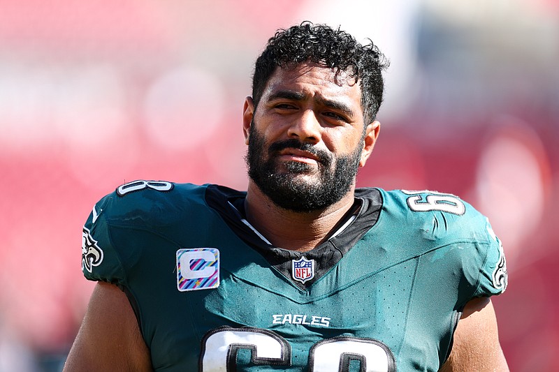 Sep 29, 2024; Tampa, Florida, USA; Philadelphia Eagles offensive tackle Jordan Mailata (68) looks on after a game against the Tampa Bay Buccaneers at Raymond James Stadium. Mandatory Credit: Nathan Ray Seebeck-Imagn Images