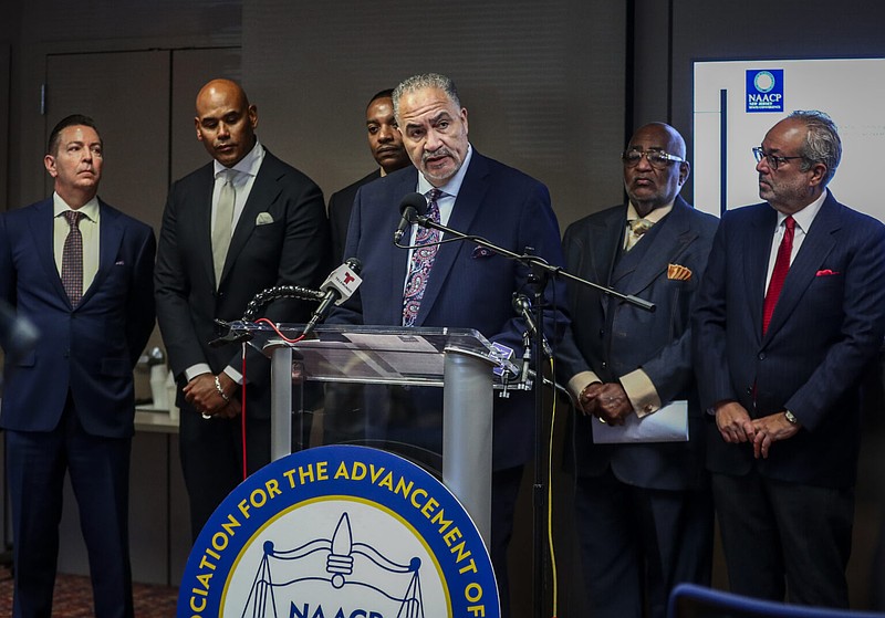 Richard T. Smith, president of the NAACP New Jersey State Conference, speaks at an NAACP news conference on Oct. 11, 2024, where he and other racial justice advocates called for Gov. Phil Murphy to replace the top brass of the New Jersey State Police after several reports documented racism and other troubles in the agency. (Dana DiFilippo | New Jersey Monitor)