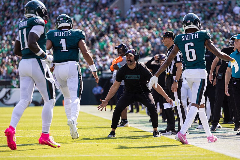 Oct 13, 2024; Philadelphia, Pennsylvania, USA; Philadelphia Eagles head coach Nick Sirianni reacts to the touchdown pass and catch of quarterback Jalen Hurts (1) and wide receiver A.J. Brown (11) during the second quarter against the Cleveland Browns at Lincoln Financial Field. Mandatory Credit: Bill Streicher-Imagn Images