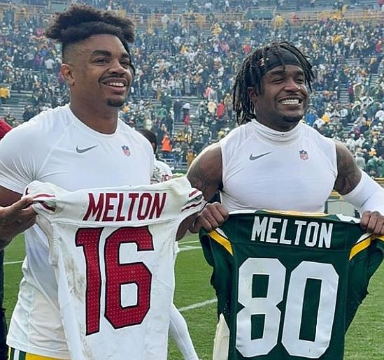 Bo Melton, left, and Max Melton swapped jerseys following their game in Green Bay on Sunday. (Photo: NFL on Instagram)