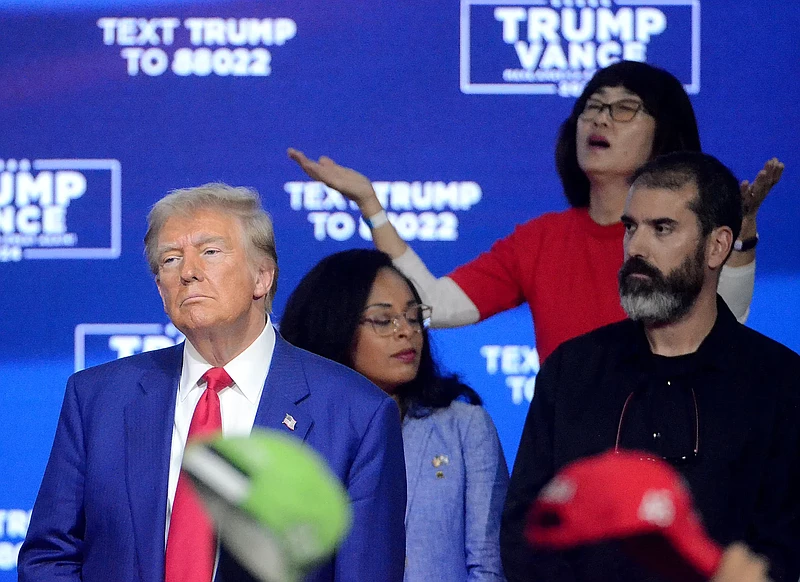 Former President Donald Trump came to the Greater Philadelphia Expo Center and Fairgrounds at Oaks in Upper Providence Township for a Town hall Monday night. He is seen here as the song 'Hallelujah plays following the event. (PETE BANNAN-MEDIANEWS GROUP)