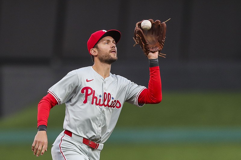 Apr 22, 2024; Cincinnati, Ohio, USA; Philadelphia Phillies shortstop Trea Turner (7) catches a pop up hit by Cincinnati Reds outfielder Stuart Fairchild (not pictured) in the fourth inning at Great American Ball Park. Mandatory Credit: Katie Stratman-USA TODAY Sports