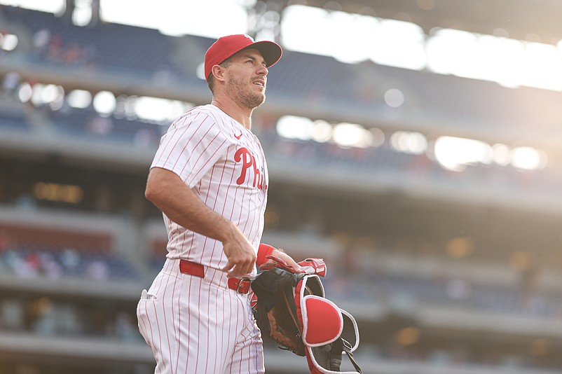 Aug 14, 2024; Philadelphia, Pennsylvania, USA; Philadelphia Phillies catcher J.T. Realmuto (10) before action against the Miami Marlins at Citizens Bank Park. Mandatory Credit: Bill Streicher-USA TODAY Sports