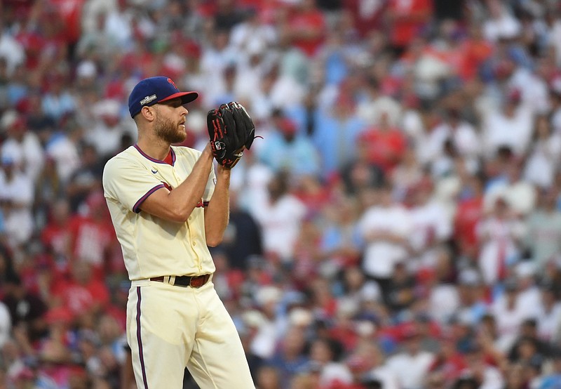 Oct 5, 2024; Philadelphia, PA, USA; Philadelphia Phillies pitcher Zack Wheeler (45) throws a pitch against the New York Mets in the seventh inning in game one of the NLDS for the 2024 MLB Playoffs at Citizens Bank Park. Mandatory Credit: Eric Hartline-Imagn Images