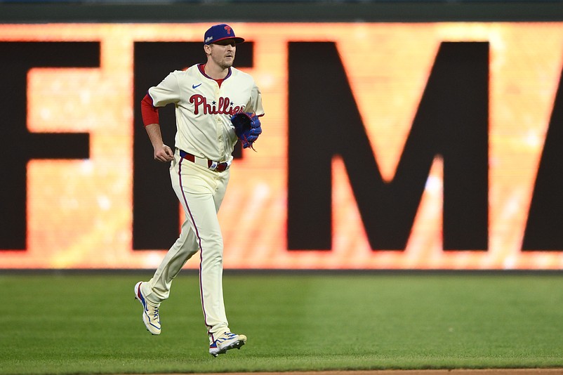 Oct 6, 2024; Philadelphia, Pennsylvania, USA; Philadelphia Phillies relief pitcher Jeff Hoffman (23) enters the game in the ninth inning against the New York Mets during game two of the NLDS for the 2024 MLB Playoffs at Citizens Bank Park. Mandatory Credit: Kyle Ross-Imagn Images