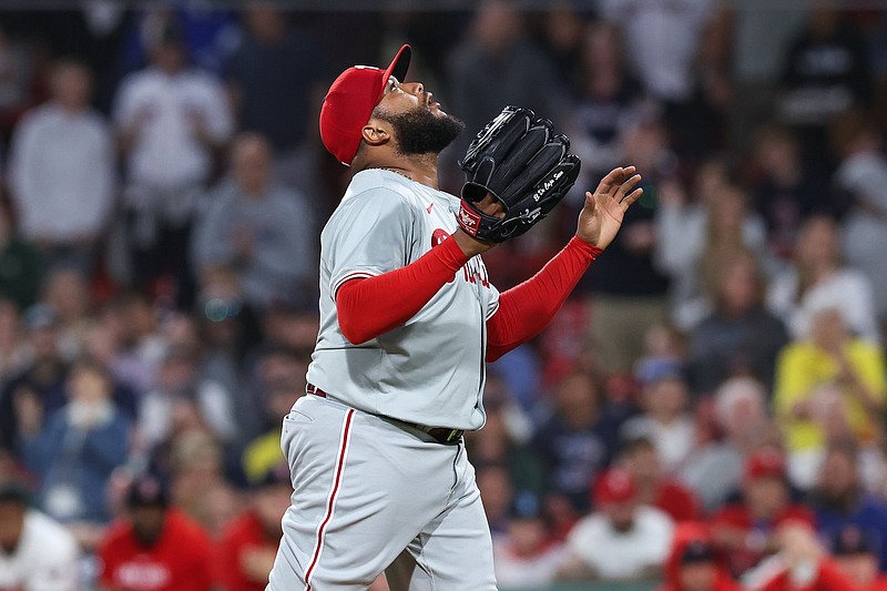 Jun 11, 2024; Boston, Massachusetts, USA; Philadelphia Phillies relief pitcher Jose Alvarado (46) reacts after defeating the Boston Red Sox at Fenway Park. Mandatory Credit: Paul Rutherford-USA TODAY Sports