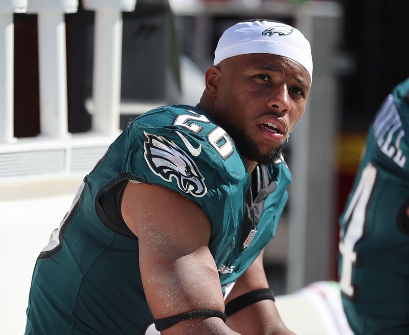 Sep 29, 2024; Tampa, Florida, USA; Philadelphia Eagles running back Saquon Barkley (26) against the Tampa Bay Buccaneers during the second half at Raymond James Stadium. Mandatory Credit: Kim Klement Neitzel-Imagn Images