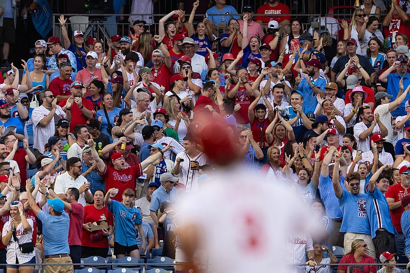 Jul 27, 2024; Philadelphia, Pennsylvania, USA; Fans react as Philadelphia Phillies first base Bryce Harper (3) runs the bases after hitting a two RBI home run during the fourth inning against the Cleveland Guardians at Citizens Bank Park. Mandatory Credit: Bill Streicher-USA TODAY Sports