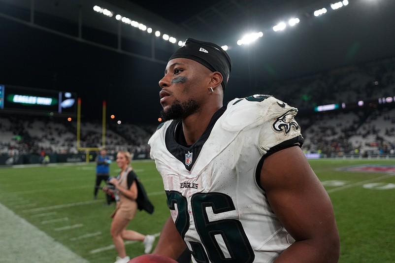 Sep 6, 2024; Sao Paulo, Brazil; Philadelphia Eagles running back Saquon Barkley (26) leaves the field after the 2024 NFL Sao Paolo Game against the Green Bay Packers at Neo Quimica Arena. Mandatory Credit: Kirby Lee-Imagn Images