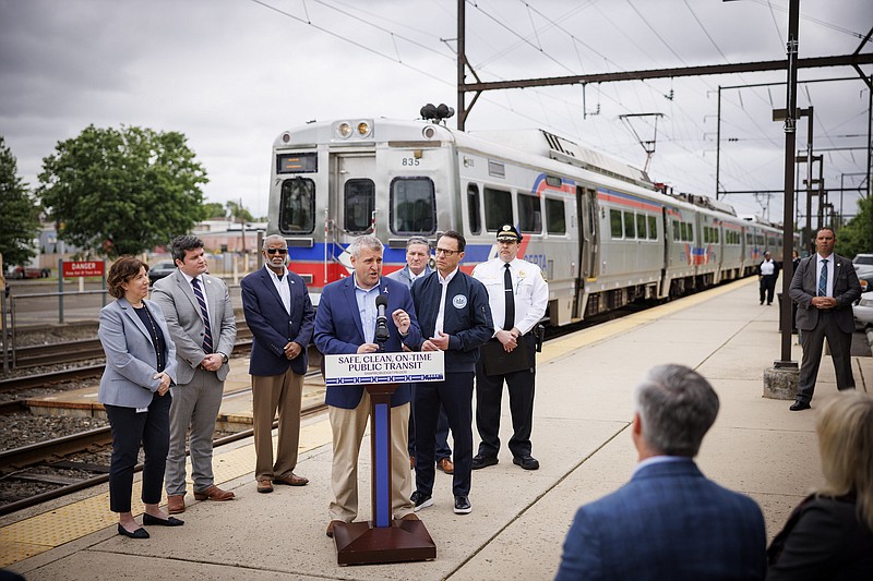 State Sen. Frank Farry (center) spoke at a May news conference to support more funding for SEPTA. (Credit: Commonwealth Media Services)