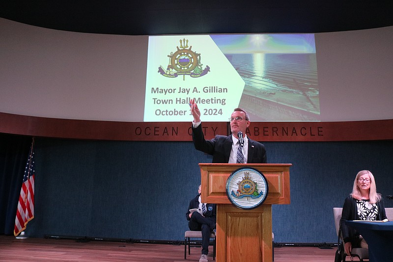 Ocean City Mayor Jay Gillian addresses the audience during the town hall meeting.