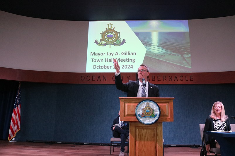 Ocean City Mayor Jay Gillian addresses the audience during the town hall meeting.