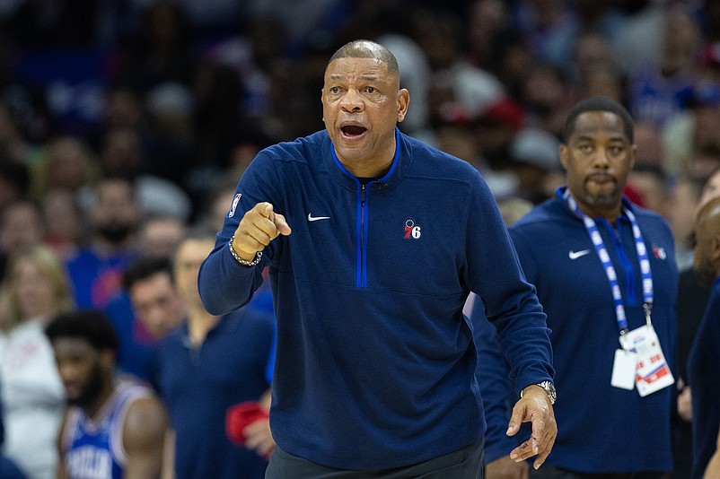 May 11, 2023; Philadelphia, Pennsylvania, USA; Philadelphia 76ers head coach Doc Rivers reacts during the fourth quarter against the Boston Celtics in game six of the 2023 NBA playoffs at Wells Fargo Center. Mandatory Credit: Bill Streicher-USA TODAY Sports