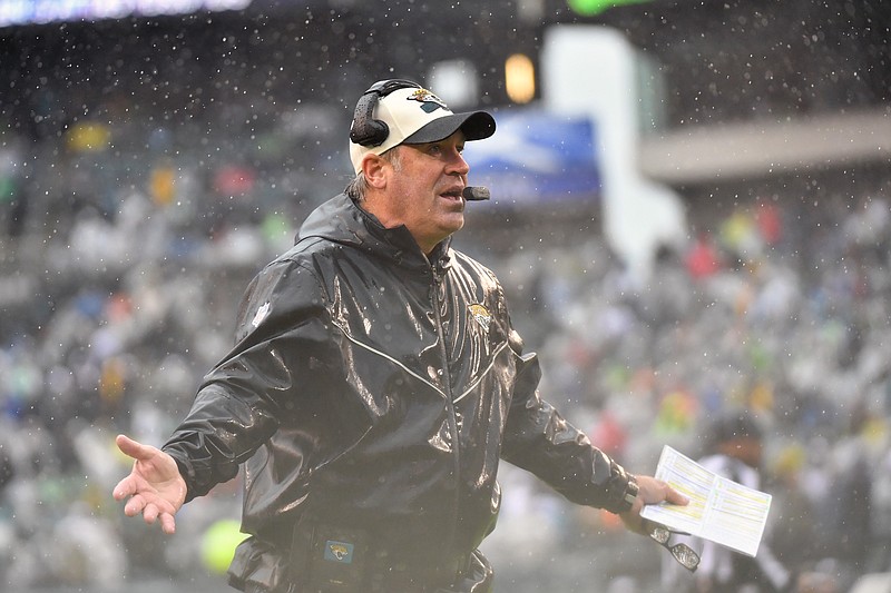 Oct 2, 2022; Philadelphia, Pennsylvania, USA; Jacksonville Jaguars head coach Doug Pederson questions an official during the third quarter against the Philadelphia Eagles at Lincoln Financial Field. Mandatory Credit: Eric Hartline-USA TODAY Sports