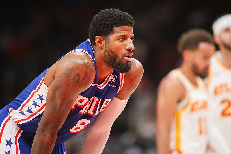 Oct 14, 2024; Atlanta, Georgia, USA; Philadelphia 76ers forward Paul George (8) in action against the Atlanta Hawks in the second quarter at State Farm Arena. Mandatory Credit: Brett Davis-Imagn Images