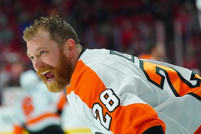 Mar 12, 2022; Raleigh, North Carolina, USA;  Philadelphia Flyers center Claude Giroux (28) reacts against the Carolina Hurricanes before the game at PNC Arena. Mandatory Credit: James Guillory-USA TODAY Sports