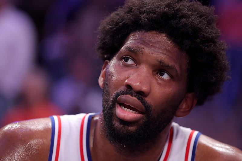 Apr 30, 2024; New York, New York, USA; Philadelphia 76ers center Joel Embiid (21) sits on the bench between the third and fourth quarters of game 5 of the first round of the 2024 NBA playoffs against the New York Knicks at Madison Square Garden. Mandatory Credit: Brad Penner-USA TODAY Sports