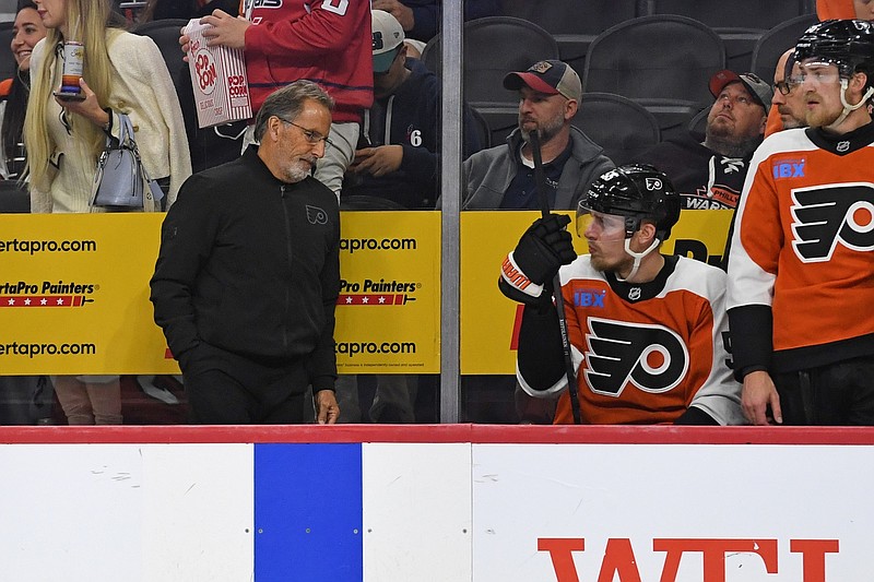 Oct 22, 2024; Philadelphia, Pennsylvania, USA; Philadelphia Flyers head coach John Tortorella leaves the bench after loss to Washington Capitals at Wells Fargo Center. Mandatory Credit: Eric Hartline-Imagn Images