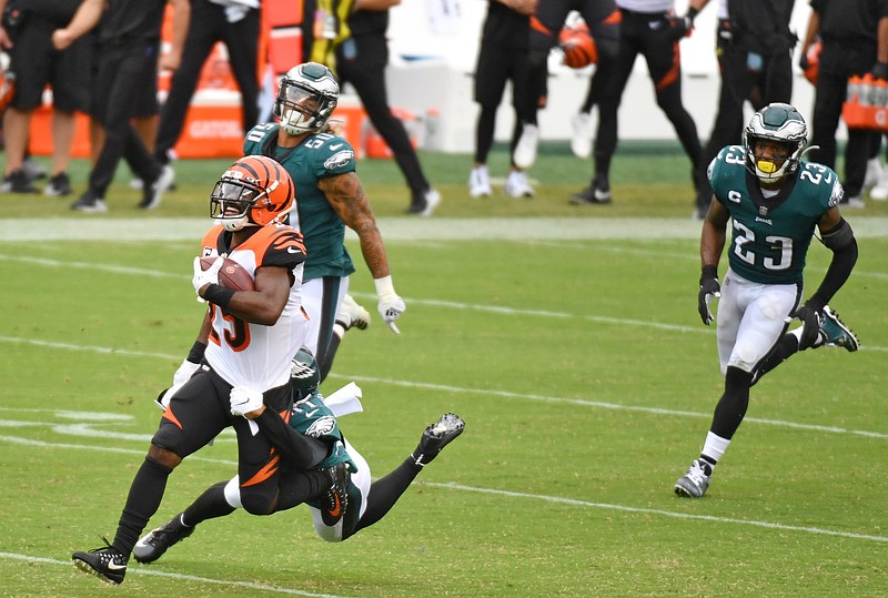 Sep 27, 2020; Philadelphia, Pennsylvania, USA;  Cincinnati Bengals running back Giovani Bernard (25) is tackled by Philadelphia Eagles cornerback Trevor Williams (41) during the fourth quarter at Lincoln Financial Field. Mandatory Credit: Eric Hartline-USA TODAY Sports