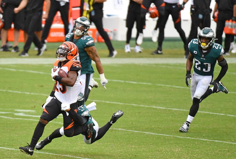 Sep 27, 2020; Philadelphia, Pennsylvania, USA;  Cincinnati Bengals running back Giovani Bernard (25) is tackled by Philadelphia Eagles cornerback Trevor Williams (41) during the fourth quarter at Lincoln Financial Field. Mandatory Credit: Eric Hartline-USA TODAY Sports