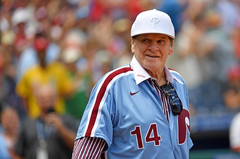 Aug 7, 2022; Philadelphia, Pennsylvania, USA; Former Philadelphia Phillies infielder Pete Rose acknowledges the crowd during Alumni Day ceremony before game against the Washington Nationals at Citizens Bank Park. Mandatory Credit: Eric Hartline-USA TODAY Sports