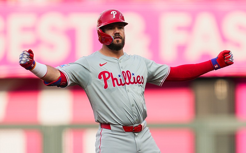 Aug 24, 2024; Kansas City, Missouri, USA; Philadelphia Phillies designated hitter Kyle Schwarber (12) gestures to the dugout after hitting a double during the first inning against the Kansas City Royals at Kauffman Stadium. Mandatory Credit: Jay Biggerstaff-USA TODAY Sports