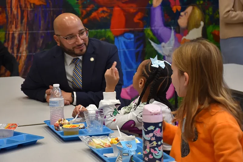 State Department of Education Deputy Secretary Marcus Delgado talks with students at Oak Park Elementary School in North Penn on Thursday, Oct. 24, 2024. (Photo courtesy North Penn School District)