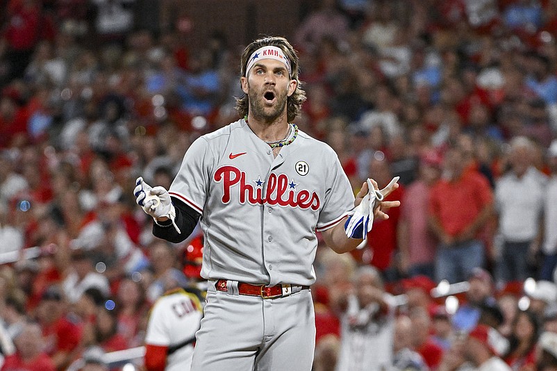 Sep 15, 2023; St. Louis, Missouri, USA;  Philadelphia Phillies first baseman Bryce Harper (3) reacts after he was thrown out of the game by umpire Alex Tosi (not pictured) after striking out to end the top half of the third inning against the St. Louis Cardinals at Busch Stadium. Mandatory Credit: Jeff Curry-USA TODAY Sports