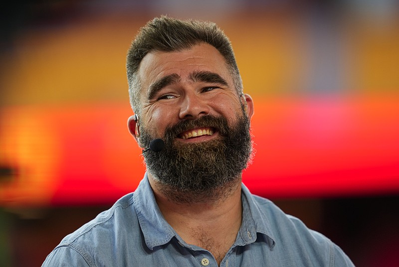 Oct 7, 2024; Kansas City, Missouri, USA; Former NFL player Jason Kelce prior to a game between the New Orleans Saints and the Kansas City Chiefs at GEHA Field at Arrowhead Stadium. Mandatory Credit: Jay Biggerstaff-Imagn Images