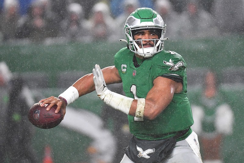 Nov 26, 2023; Philadelphia, Pennsylvania, USA; Philadelphia Eagles quarterback Jalen Hurts (1) against the Buffalo Bills at Lincoln Financial Field. Mandatory Credit: Eric Hartline-USA TODAY Sports