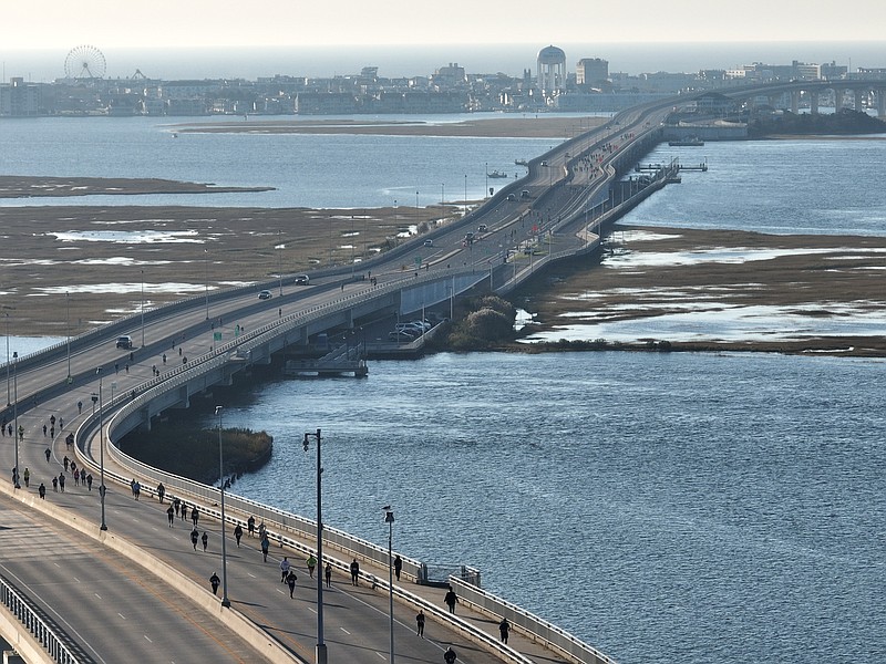 Runners make their way across the Route 52 Causeway bridges between Ocean City and Somers Point for the Trail of Two Cities race. (Photo courtesy of Ocean City)